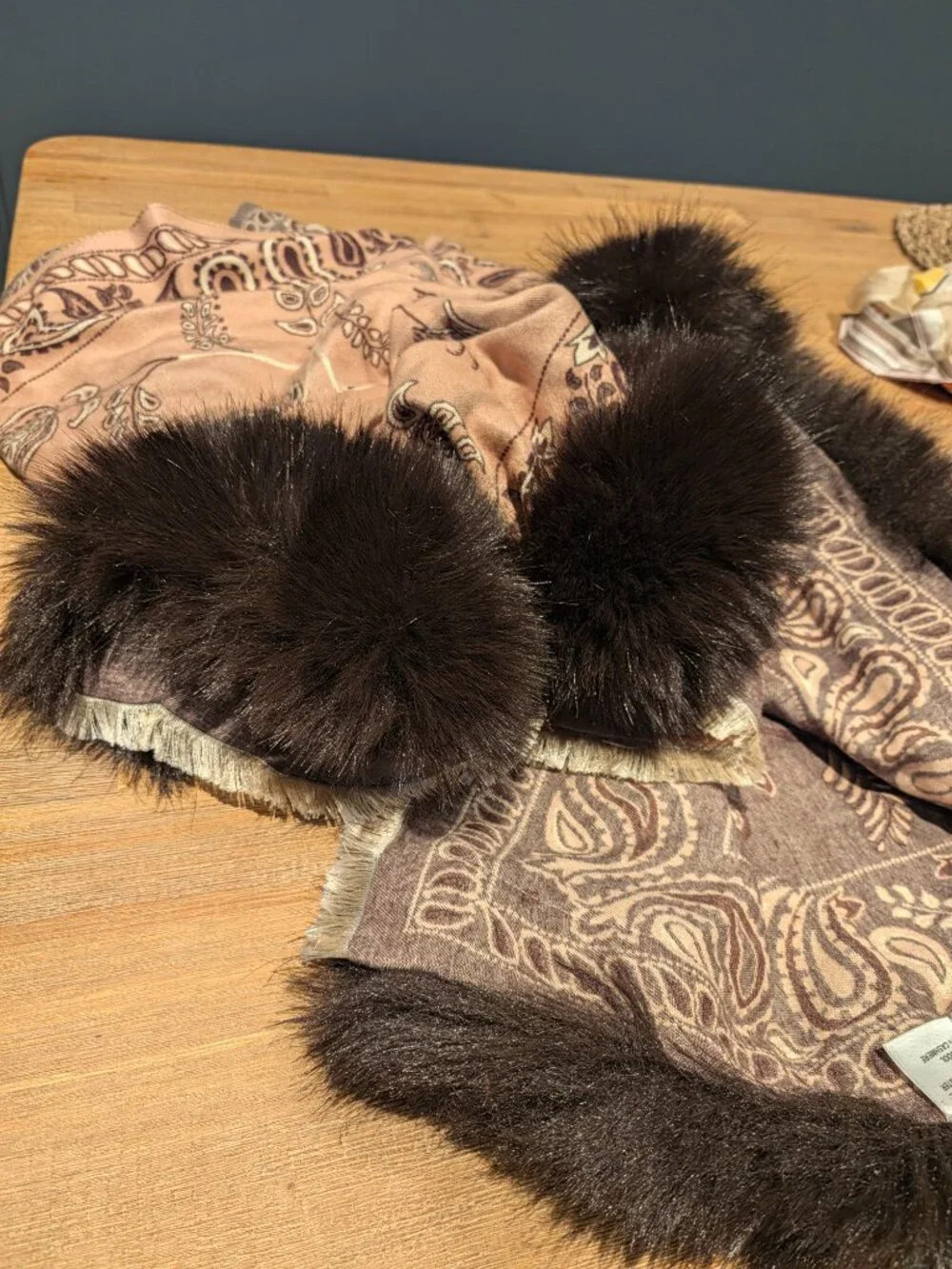 Brown Belle Fare Wool & Cashmere Wrap with Faux Fur Trim